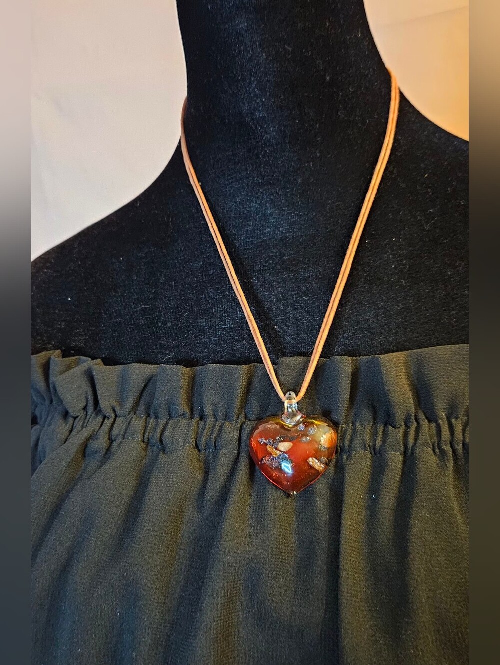 Artisan Lampwork Glass Heart Pendant Necklace | Peach Suede Cord